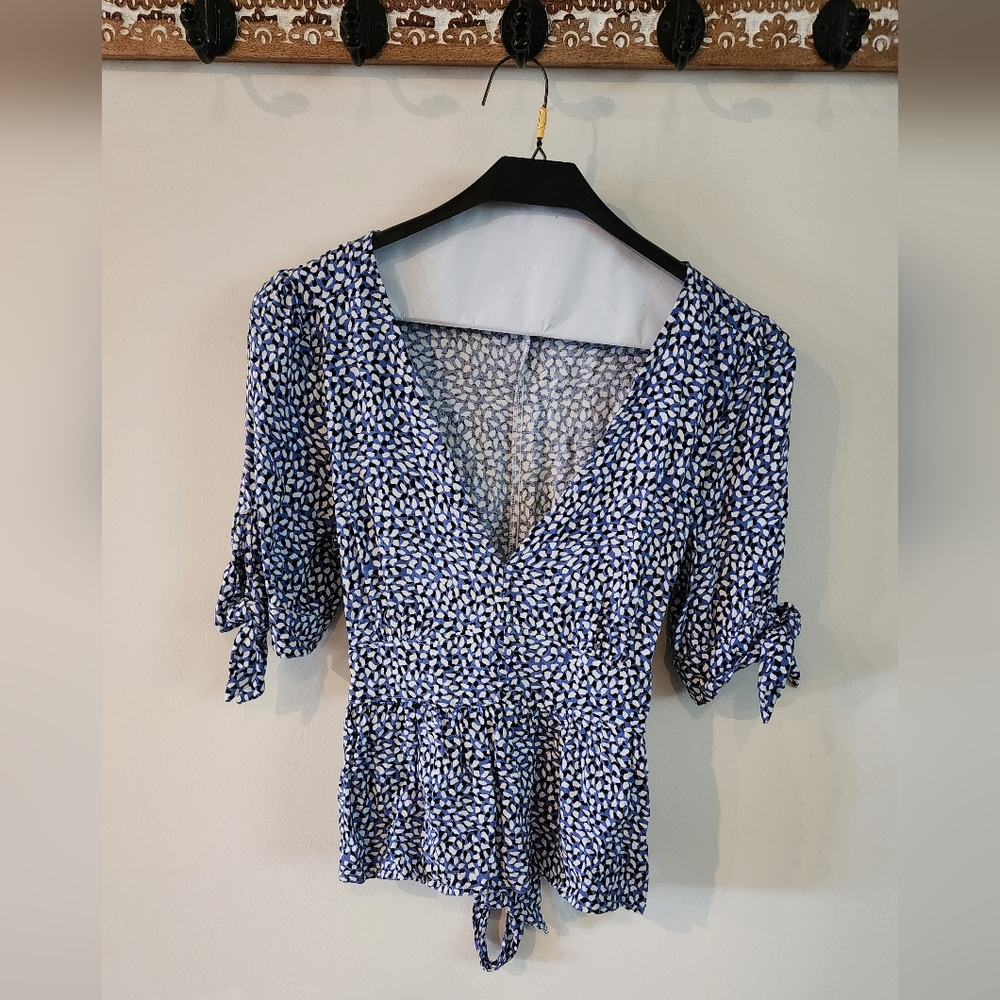 JESSICA SIMPSON Button Tie Back Blouse Blue White Womens S